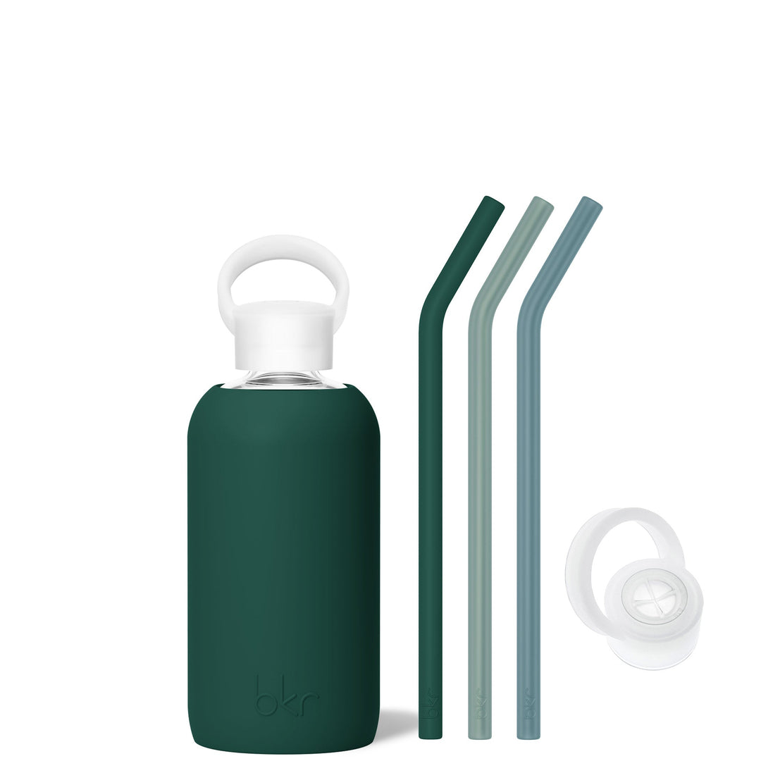 EVERLY & SEA FOREST - LITTLE BOTTLE SIP KIT 500ML (16 OZ) - Sip Kit:  Silicone Straw + Cap + Glass Water Bottle: 16oz