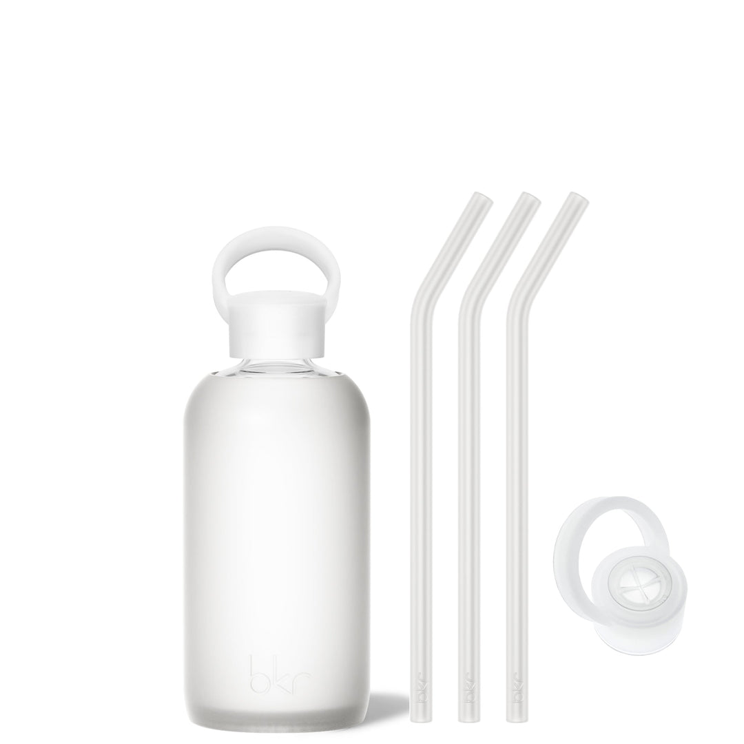 bkr Sip Kit: Silicone Straw + Cap + Glass Water Bottle: 16oz FROST - LITTLE BOTTLE SIP KIT 500ML (16 OZ)