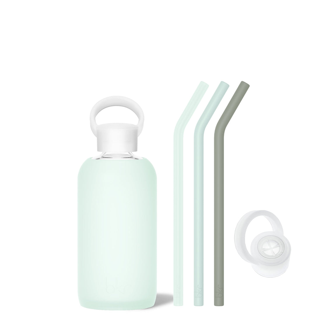 bkr Sip Kit: Silicone Straw + Cap + Glass Water Bottle: 16oz HAVEN & THE ETHEREAL GARDEN - LITTLE BOTTLE SIP KIT 500ML (16 OZ)