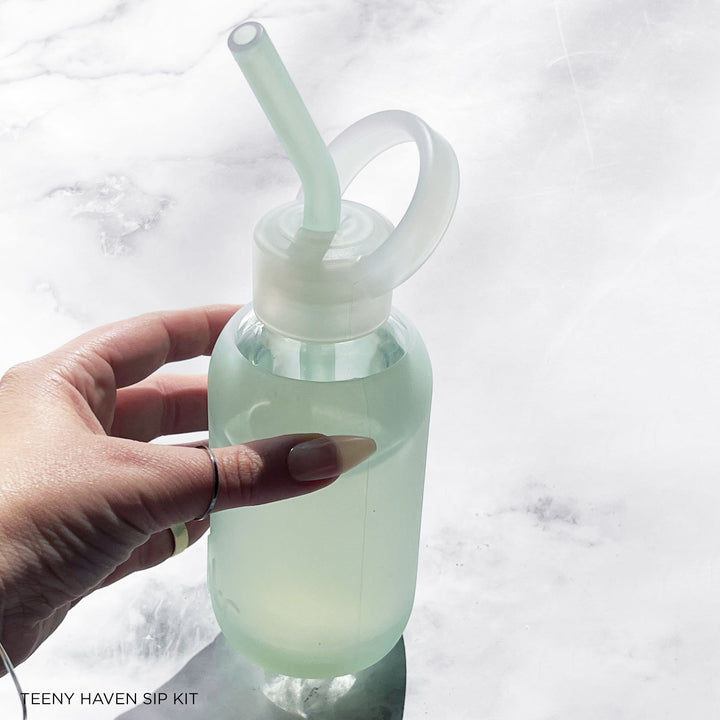 bkr Sip Kit: Silicone Straw + Cap + Glass Water Bottle: 16oz HAVEN & THE ETHEREAL GARDEN SIP KIT 500ML (16 OZ)