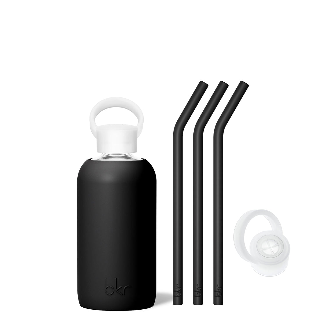 bkr Sip Kit: Silicone Straw + Cap + Glass Water Bottle: 16oz JET - LITTLE BOTTLE SIP KIT 500ML (16 OZ)