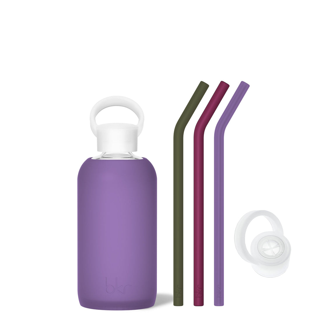 bkr Sip Kit: Silicone Straw + Cap + Glass Water Bottle: 16oz MARY & THE MARTINI & MANI - LITTLE BOTTLE SIP KIT 500ML (16 OZ)