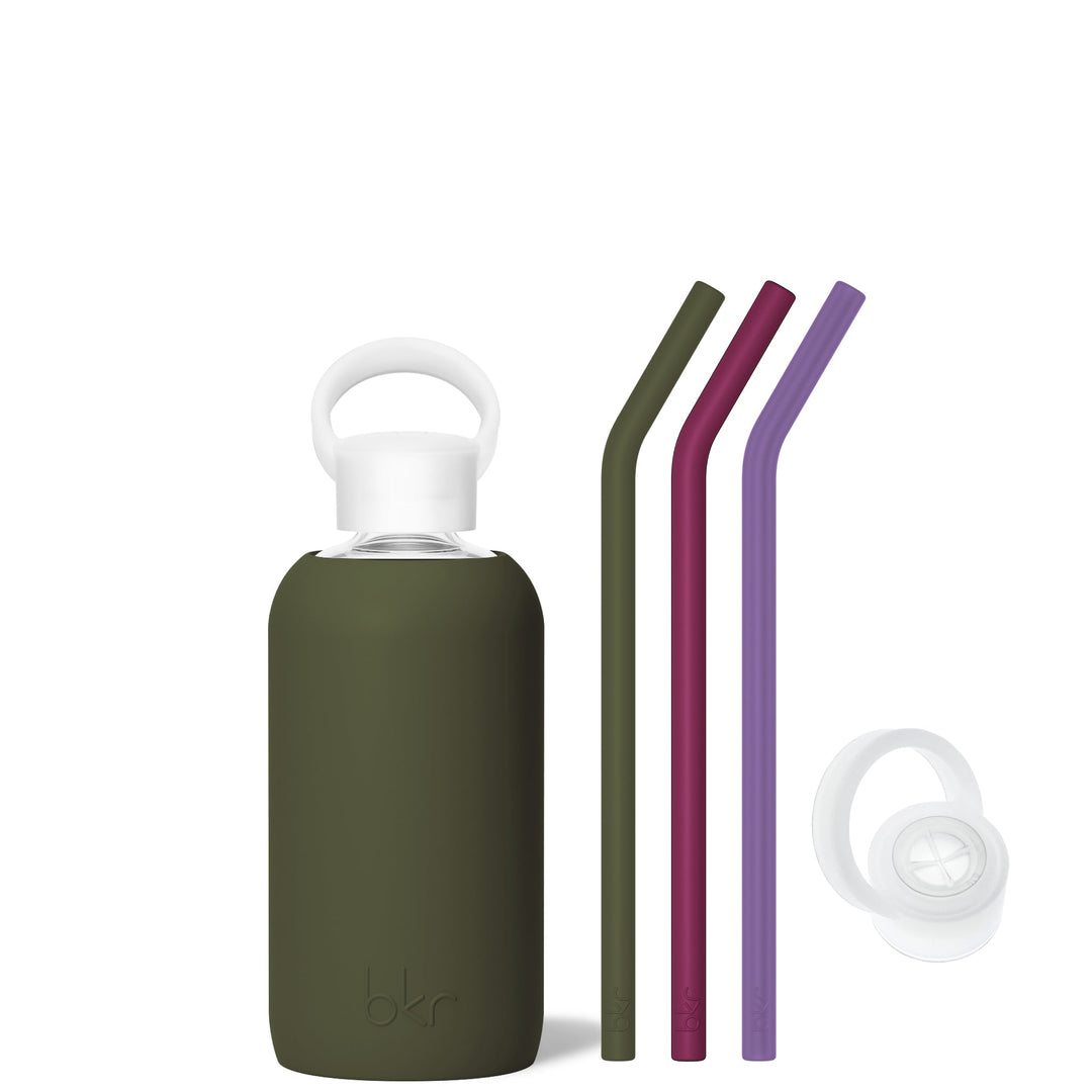 bkr Sip Kit: Silicone Straw + Cap + Glass Water Bottle: 16oz OLIVE & THE MARTINI & MANI - LITTLE BOTTLE SIP KIT 500ML (16 OZ)