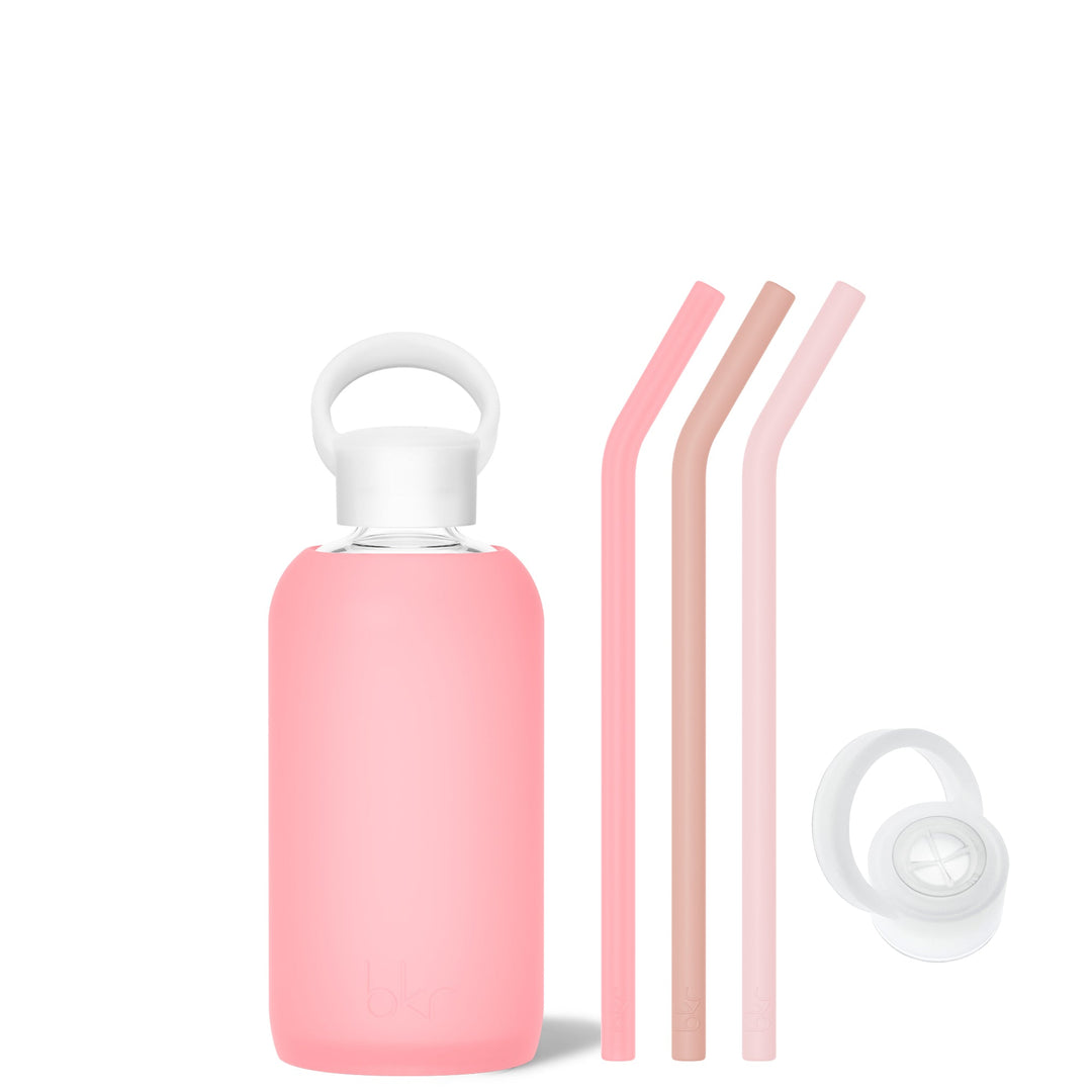 bkr Sip Kit: Silicone Straw + Cap + Glass Water Bottle: 16oz ROSE & THE CHAMPAGNE PINKS - LITTLE BOTTLE SIP KIT 500ML (16 OZ)