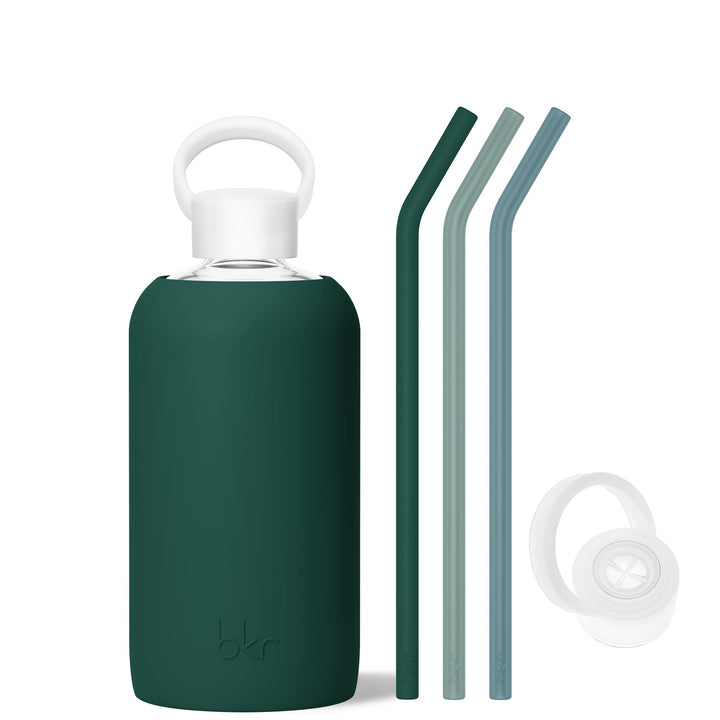 bkr Sip Kit: Silicone Straw + Cap + Glass Water Bottle: 32oz EVERLY & SEA FOREST - BIG BOTTLE SIP KIT 1L (32 OZ)