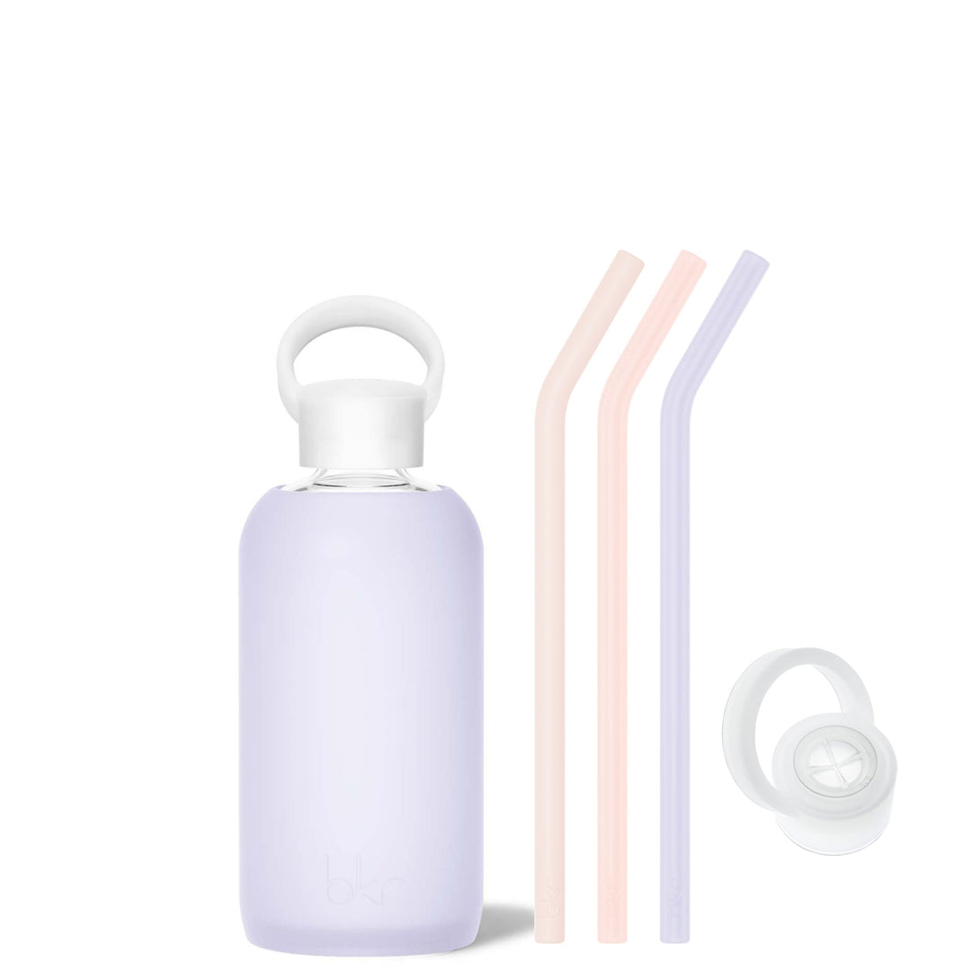 bkr Sip Kit: Silicone Straw + Cap + Glass Water Bottle: 32oz FOOF & COTTON CANDY - LITTLE BOTTLE SIP KIT 500ML (16 OZ)