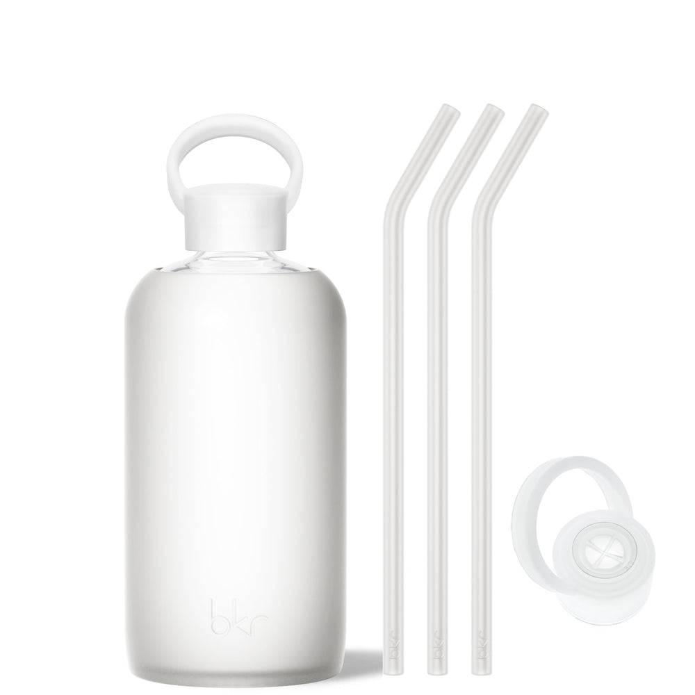 bkr Sip Kit: Silicone Straw + Cap + Glass Water Bottle: 32oz FROST - BIG BOTTLE SIP KIT 1L (32 OZ)