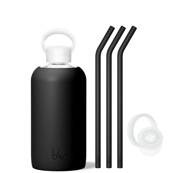 bkr Sip Kit: Silicone Straw + Cap + Glass Water Bottle: 32oz JET - BIG BOTTLE SIP KIT 1L (32 OZ)