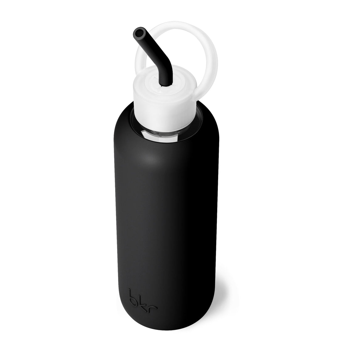 bkr Sip Kit: Silicone Straw + Cap + Glass Water Bottle: 32oz JET - DEMI BOTTLE SIP KIT 650mL (22 OZ)