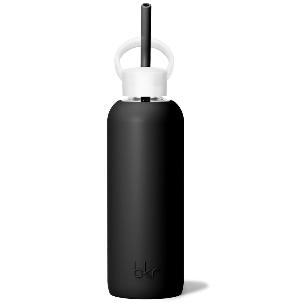 bkr Sip Kit: Silicone Straw + Cap + Glass Water Bottle: 32oz JET - DEMI BOTTLE SIP KIT 650mL (22 OZ)