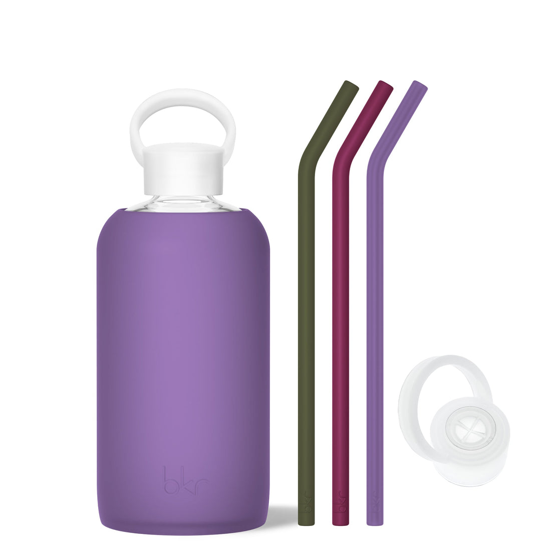 bkr Sip Kit: Silicone Straw + Cap + Glass Water Bottle: 32oz MARY & THE MARTINI & MANI - BIG BOTTLE SIP KIT 1L (32 OZ)