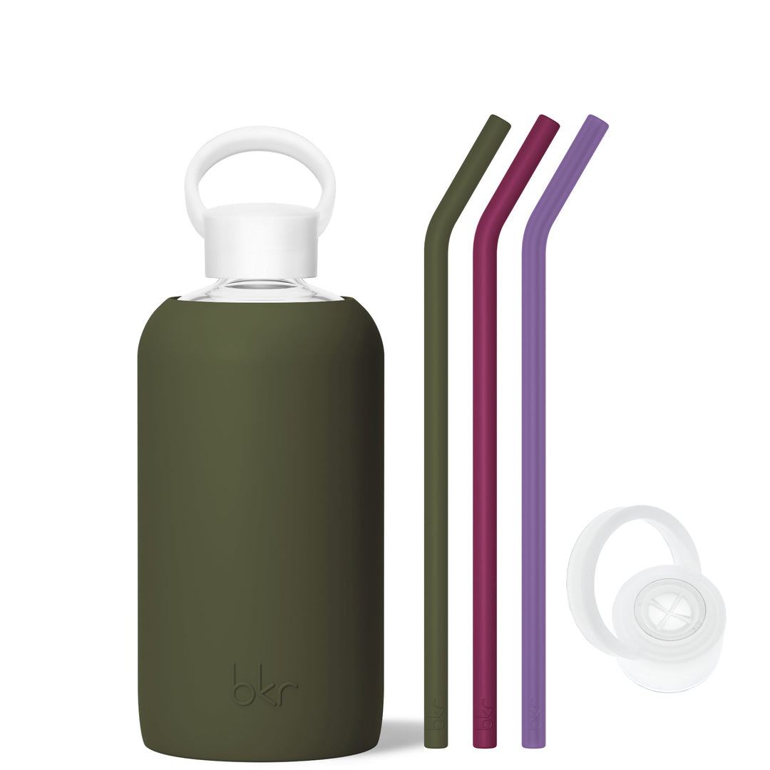 bkr Sip Kit: Silicone Straw + Cap + Glass Water Bottle: 32oz OLIVE & THE MARTINI & MANI - BIG BOTTLE SIP KIT 1L (32 OZ)