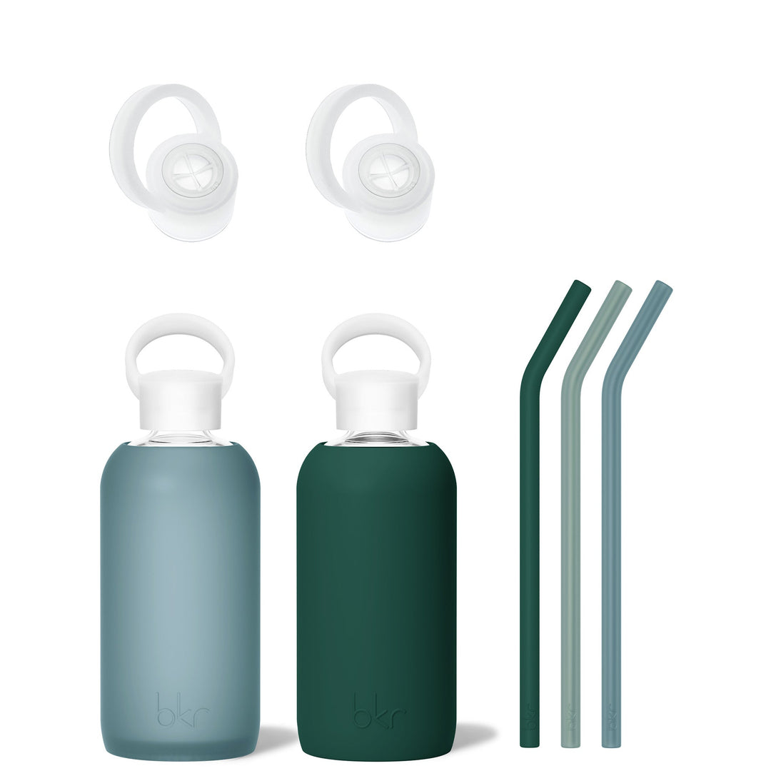 bkr Sip Kit: Silicone Straw + Cap + Glass Water Bottle: 32oz SEA FOREST - LITTLE BOTTLE SIP KIT DUO 500mL (16 OZ)