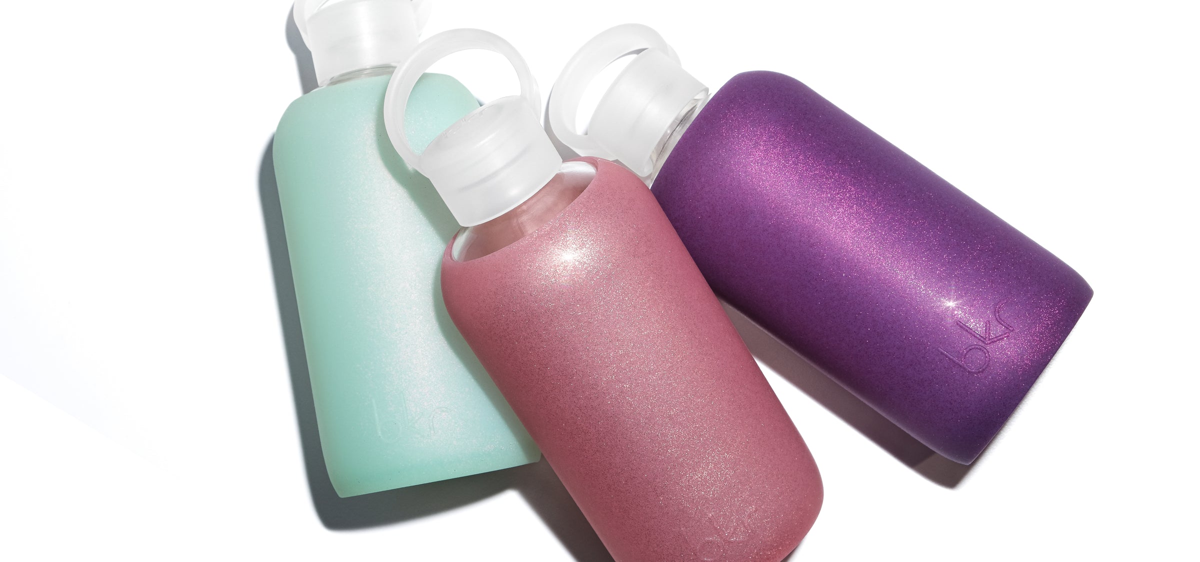 The Sparkley 500ml bkr reusable glass water bottles with silicone sleeves