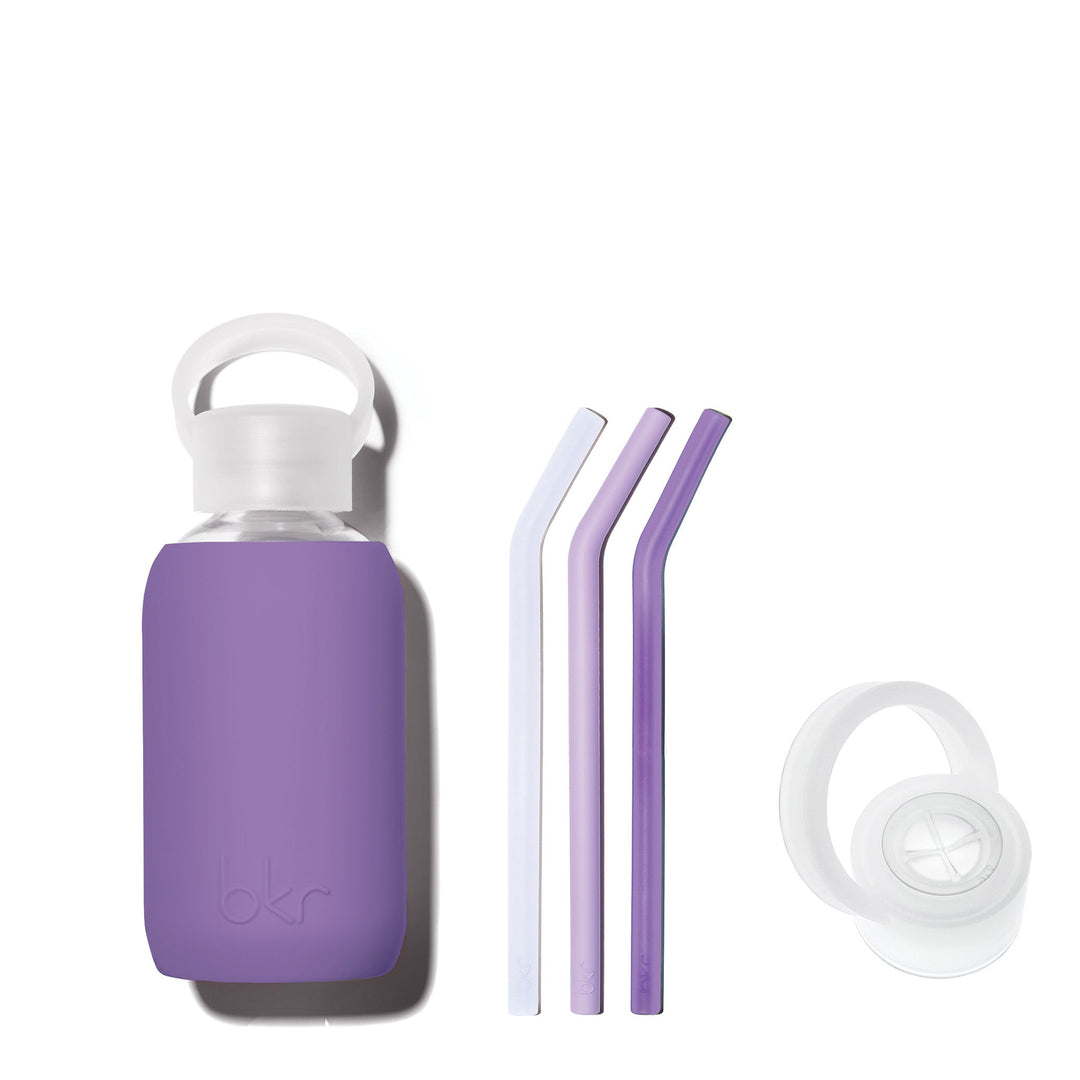 bkr Sip Kit: Silicone Straw + Cap + Glass Water Bottle: 8oz MARY & THE SOCIALITE VIOLETS SIP KIT 250ML (8 OZ)
